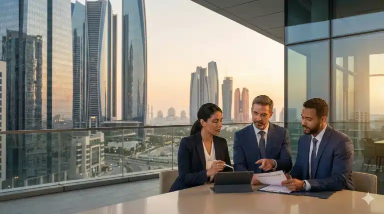 Business meeting with city skyline backdrop.